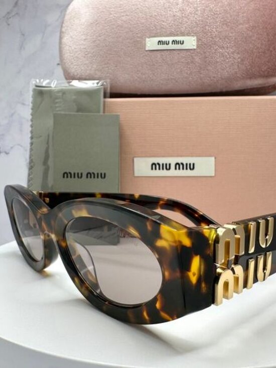 New MIU MIU Sunglasses Brown Tortoise Shell Oval Acetate Gold Logo Italy main image 7